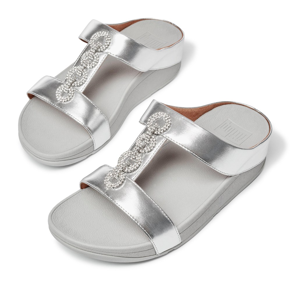 Fitflop Womens Slides - Fino Sparkle - Silver - 184-OQETHP